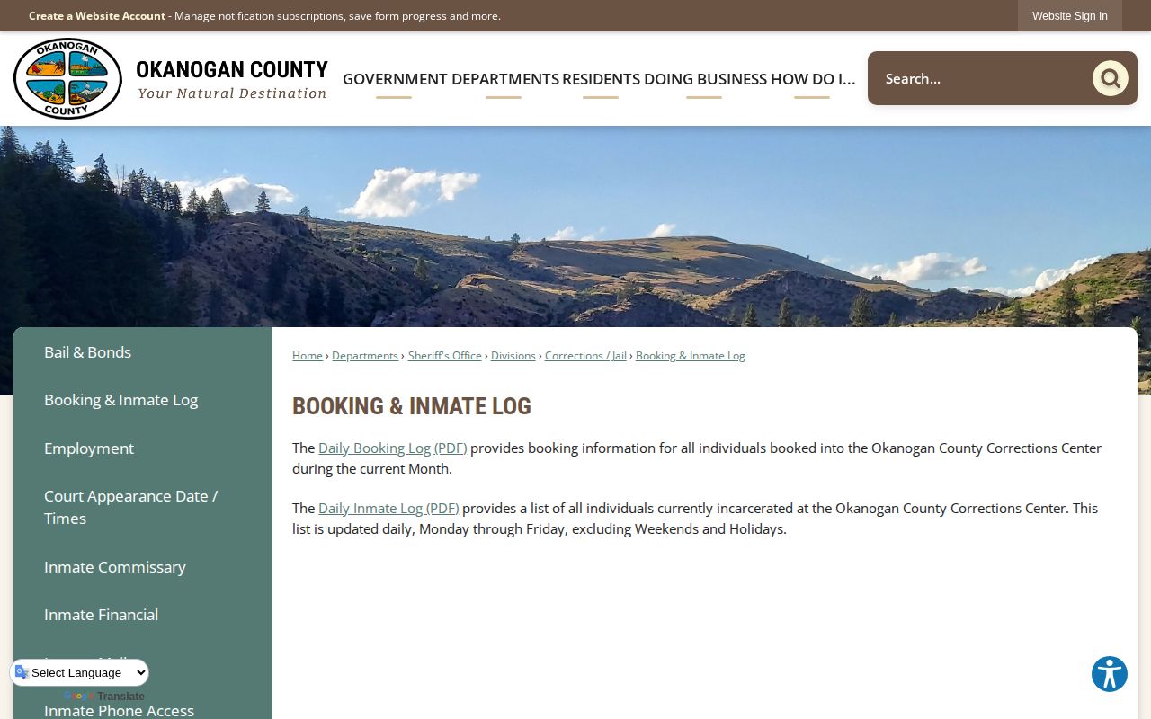 Okanogan County booking and inmate log records page