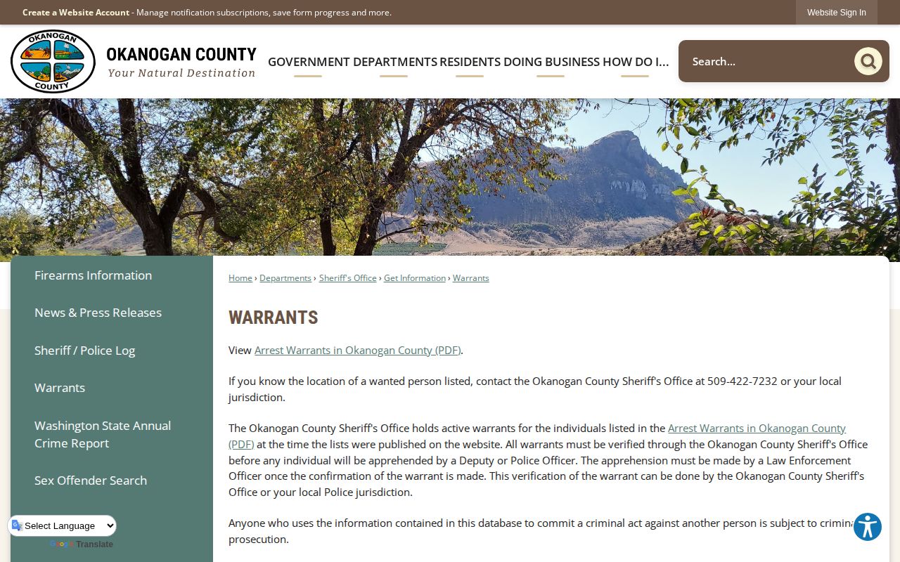 Okanogan County arrest warrant records page