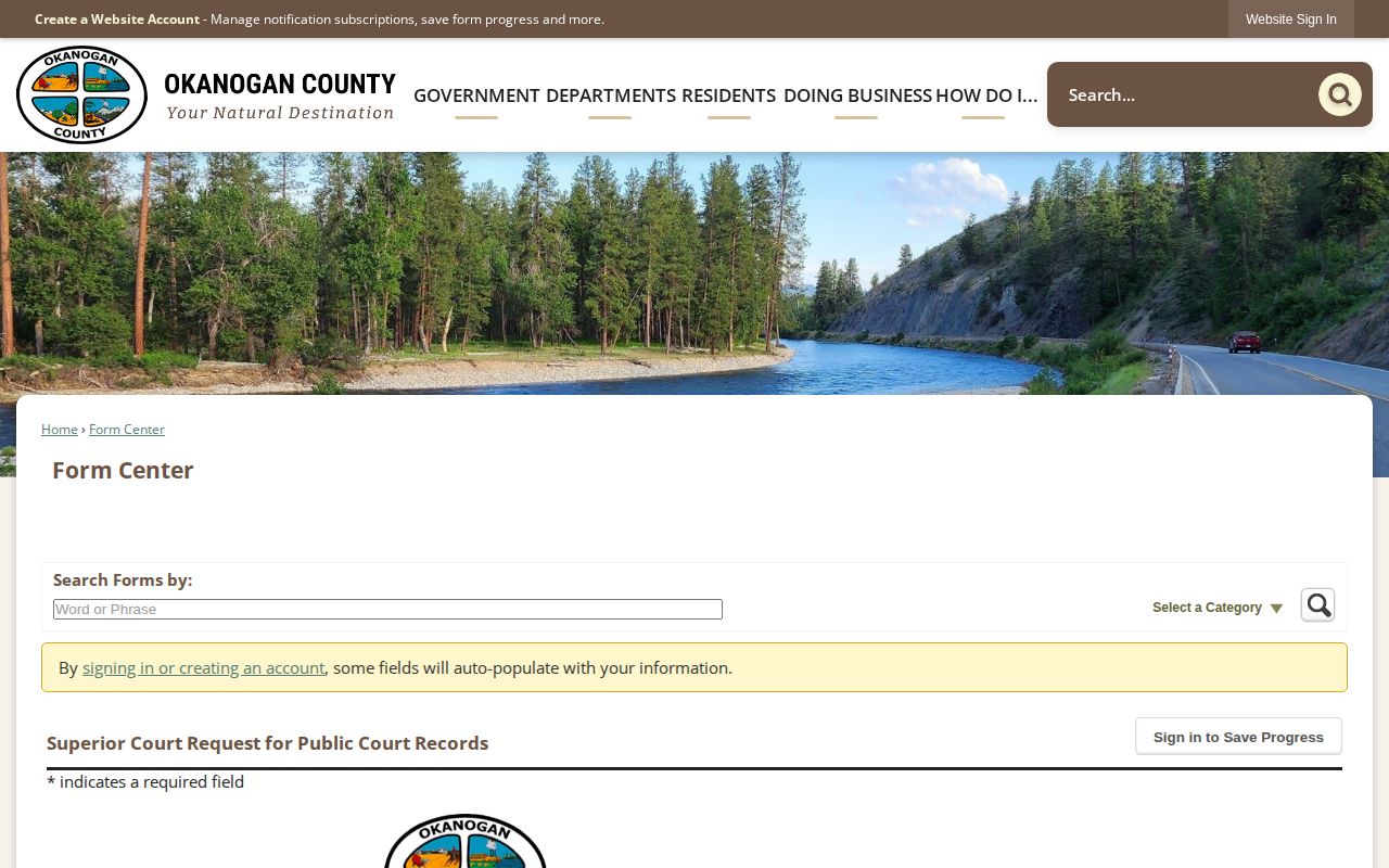 Okanogan County court record request page for post-booking follow-up